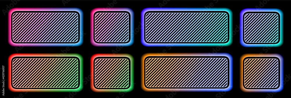 Aufkleber Set of buttons soft colorful frames in neon colors with striped pattern, modern buttons collection oval rectangle shapes on black background, vector illustration.
