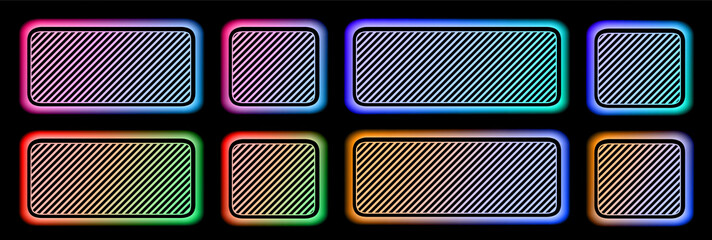 Set of buttons soft colorful frames in neon colors with striped pattern, modern buttons collection oval rectangle shapes on black background, vector illustration.