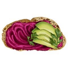 Fototapeta premium Beet Hummus Toast with Fresh Avocado illustration isolated on white background