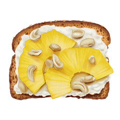 Tasty toast with sliced pineapple, cottage cheese, chopped cashews. Toast illustration isolated on white background