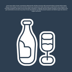 Blue line Wine bottle with glass icon isolated on blue background. Vector