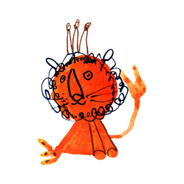 Orange lion with a crown painted in gouache, imitation of children's drawing, hand-drawn white background, for a postcard, cup, t-shirt, magnet and other souvenirs
