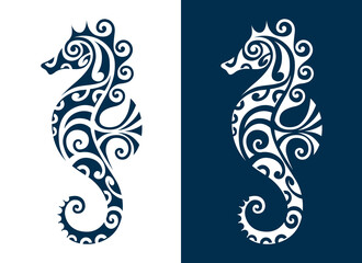 Sea horse vector illustration maori style tattoo. Stylized graphic seahorse. Blue on white background.