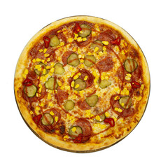 Pizza with salami, pickles, chili and corn.