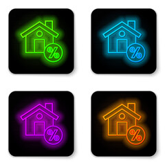 Glowing neon line House with percant discount tag icon isolated on white background. Real estate home. Credit percentage symbol. Black square button. Vector