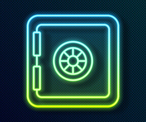 Naklejka premium Glowing neon line Safe icon isolated on black background. The door safe a bank vault with a combination lock. Reliable Data Protection. Vector