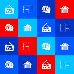 Set Hanging sign with For Sale, House plan, Real estate message house and Garage icon. Vector