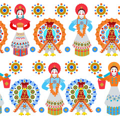 Seamless pattern with Russian folk toys women with bread and bagels and turkey.  national Russian Dymkovsky ornament, on a white background. Collection of Kirov toys. Cartoon-style illustration.