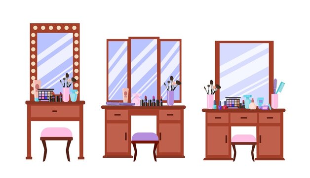 a set of dressing tables with jewelry boxes, makeup brushes, combs and lipstick. Vector illustration in cartoon flat style. Furniture in a modern style. A place to apply makeup.Основные RGB