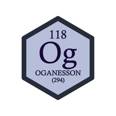 Obraz premium Og Oganesson Chemical Element Periodic Table. Hexagon vector illustration, simple clean style Icon with molar mass and atomic number for Lab, science or chemistry education.