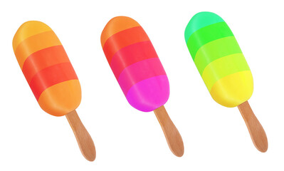 Three trendy colorful ice cream bars on wooden stick summer concept vivid isolated on white background