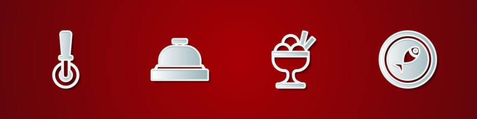 Set Pizza knife, Hotel service bell, Ice cream in bowl and Served fish on plate icon. Vector