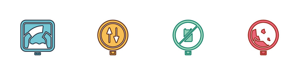 Set Drawbridge ahead, Road warning two way traffic, No cell phone and rockfall icon. Vector