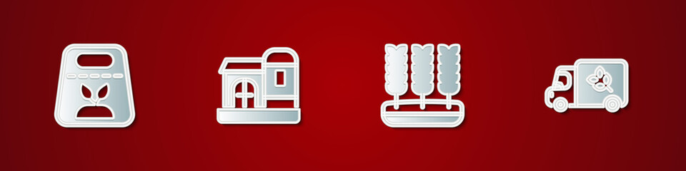 Set Pack full of seeds of plant, Farm house, Wheat and Flour truck icon. Vector
