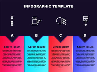 Set line Shock absorber, Car air pump, High beam and Engine piston. Business infographic template. Vector