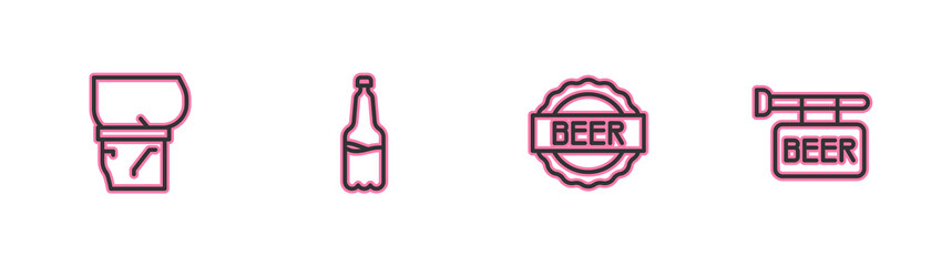 Set line Beer belly, Bottle cap with beer, Plastic bottle and Street signboard icon. Vector