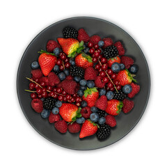 raspberries, blackberries, blueberries on a plate, food closeup isolated on white.