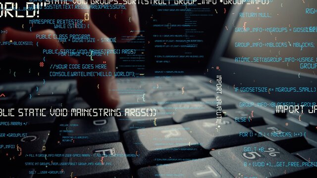 Creative visual of computer programming coding and software development shown by man working on computer keyboard with overlay of computer graphic displaying abstract program codes and computer script