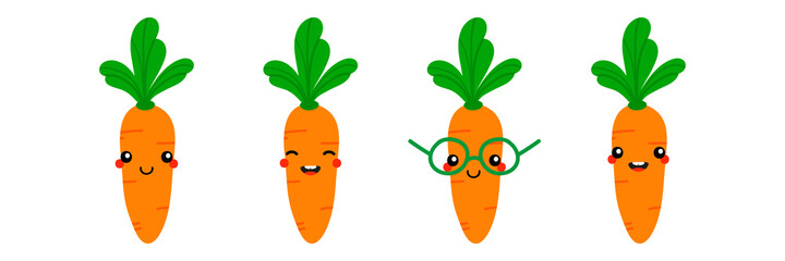 Set, collection of cute smiling cartoon orange carrot vegetable characters for food and cooking design.
