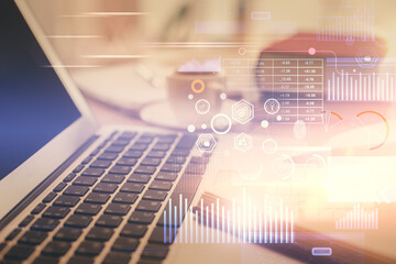 Double exposure of technology theme drawing and desktop with coffee and items on table background. Concept of data research.