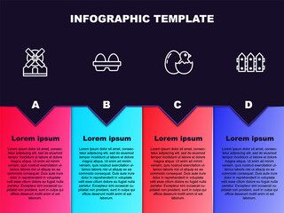 Set line Windmill, Chicken egg box, Little chick cracked and Garden fence wooden. Business infographic template. Vector