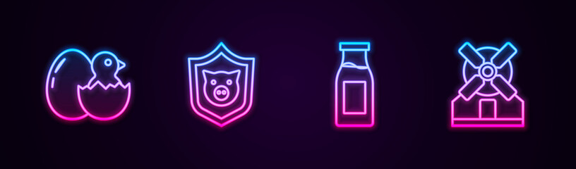 Set line Little chick in cracked egg, Shield with pig, Bottle milk and Windmill. Glowing neon icon. Vector