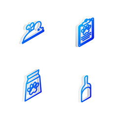 Set Isometric line Clinical record pet, Clockwork mouse, Bag of food for and Dustpan icon. Vector