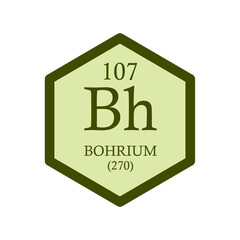 Bh Bohrium Transition metal Chemical Element Periodic Table. Hexagon vector illustration, simple clean style Icon with molar mass and atomic number for Lab, science or chemistry education.
