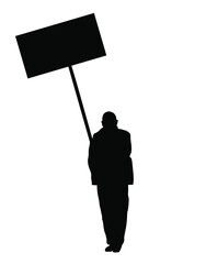 Man protester hold transparent in hand vector silhouette isolated. Hand holding protest sign. People in political agitation propaganda poster. Vote campaign for better laborer rights and salary on job