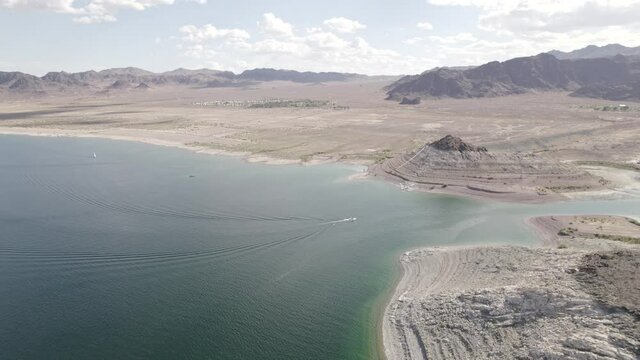 boat near beach at Lake Mead Las Vegas Boulder City Nevada desert aerial drone 4k ungraded flat log raw footage dlog