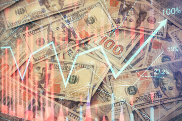 Multi exposure of forex chart drawing over us dollars bill background. Concept of financial success markets.