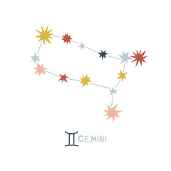 Gemini zodiac star sign clip art isolated on white. Celestial horoscope constellation vector illustration. Magical Boho baby spiritual astrological design.