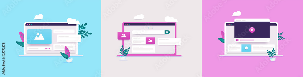 Poster Vector computer UI collection - Illustration set of laptops with user interface and web graphics in 3d style. Computer screen with internet concept.