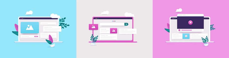 Vector computer UI collection - Illustration set of laptops with user interface and web graphics in 3d style. Computer screen with internet concept.