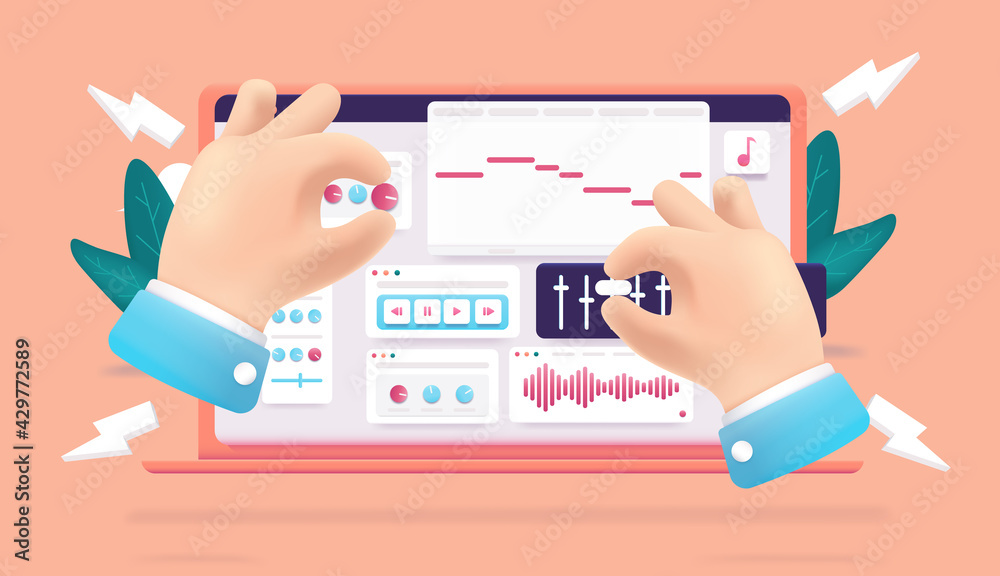 Poster Audio design vector illustration - Hands working with audio on computer laptop screen, with eq and music software.