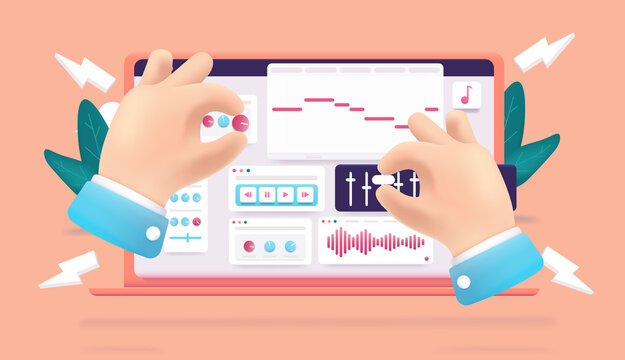 Audio design vector illustration - Hands working with audio on computer laptop screen, with eq and music software.