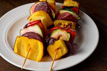 Vegetable kebabs w/ organic  grilled vegetables—zucchini, bell peppers, onions, mushrooms—served with steamed rice and organic spinach. Classic Greek or Turkish regional ethnic home cooked favorite.