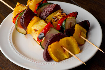 Vegetable kebabs w/ organic  grilled vegetables—zucchini, bell peppers, onions, mushrooms—served with steamed rice and organic spinach. Classic Greek or Turkish regional ethnic home cooked favorite.