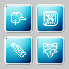 Set line Baseball helmet, Monitor with baseball game, Bottle of water and Player chest protector icon. Vector