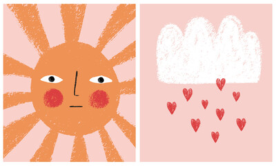 Infantile Style Vector Illustrations with Orange Sun, White Fluffy Cloud and Rain of Hearts Isolated on a Light Pink Background.Lovely Print ideal for Card, Wall Art, Kids Room Decoration. 