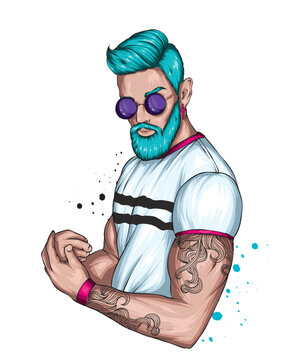 Handsome muscular guy with stylish hair, beard and tattoos. Hipster. Fashion and style, clothing and accessories.
