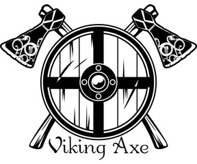 Viking axe of Scandinavian pattern and viking shield, vector illustration 