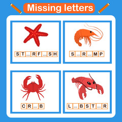 vector illustration for kids with the game missing letters. Educational page for children, classes on dyslexia. Find the missing letters and write them in the appropriate places. Worksheet 