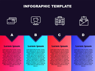 Set line Credit card, Piggy bank, Briefcase and money and Envelope with dollar symbol. Business infographic template. Vector