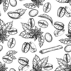 Hand drawn seamless pattern black and white of coffee beans, grain, spice, cinnamon, leaf. Vector illustration. Elements in graphic style label, sticker, menu, package