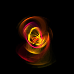 Spinning rays of light isolated on black background. Graphic 2D illustration of glowing colorful light particles in circular motion.