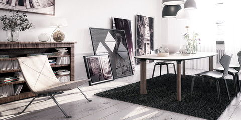 Modern Table Set With Decor By Day - panoramic black and white 3D Visualization