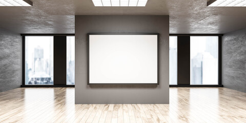 Mock up of blank poster in modern loft interior office with big windows and wooden floor 3D render illustration
