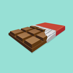 Chocolate bar in opened red wrapped and foil icon, Dessert symbol, Minimal flat design, Vector illustration