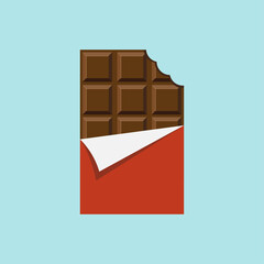 Bitten chocolate bar in opened red wrapped icon, Dessert symbol, Minimal flat design, Vector illustration